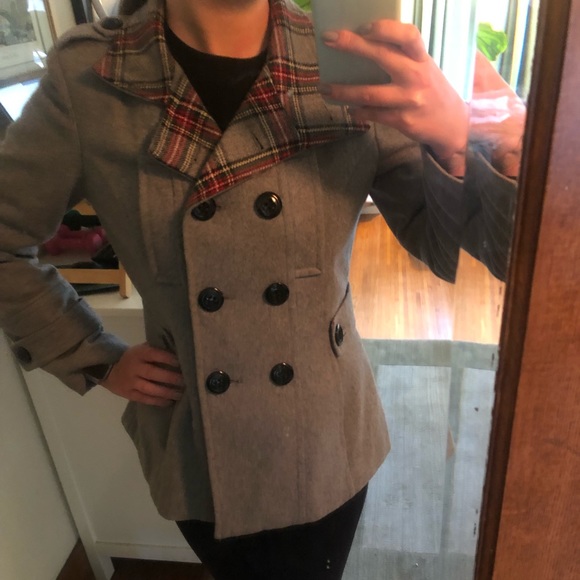 Espirit Grey Wool Peacoat with Plaid Detail - Picture 3 of 3